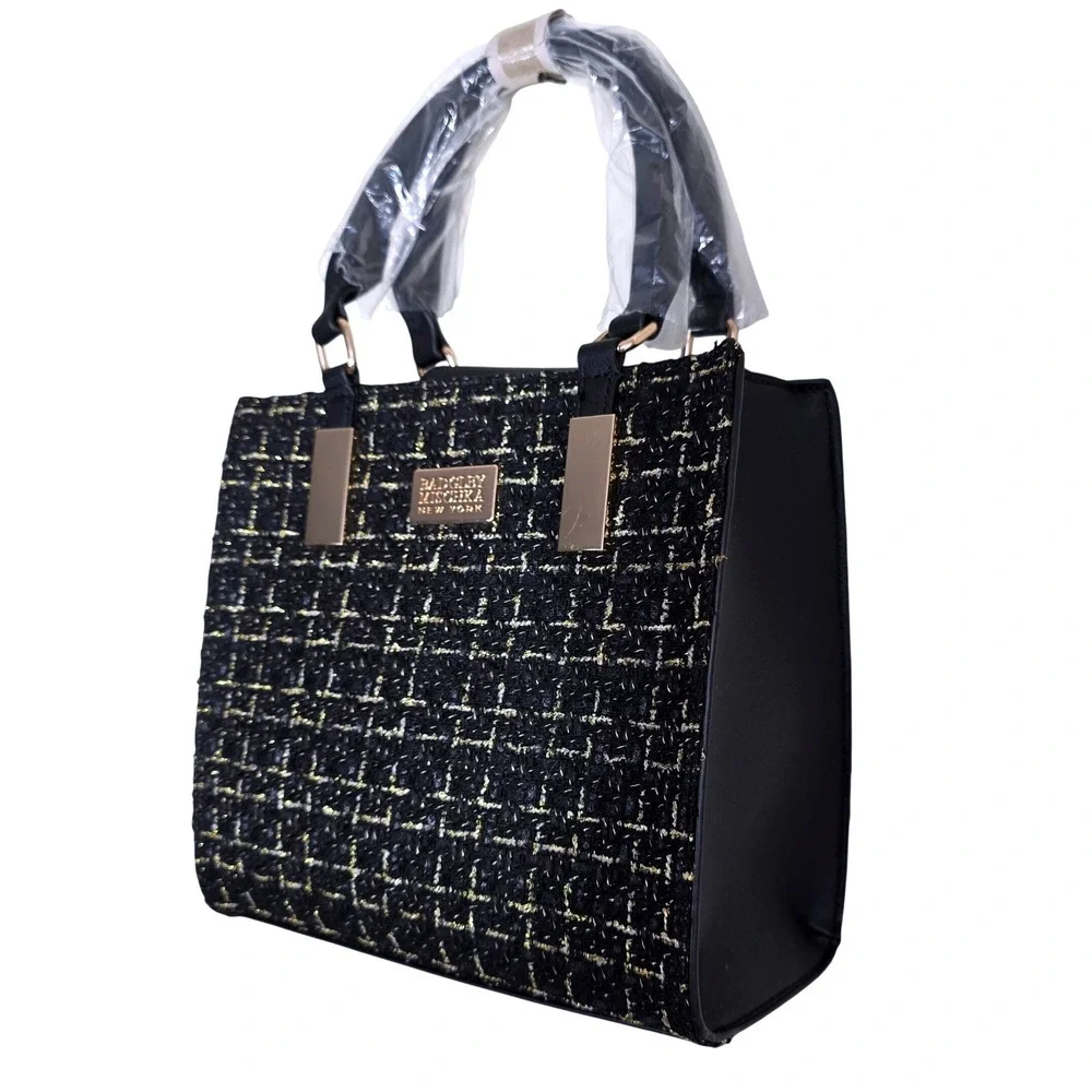 NWT Badgley Mischka New York The Tara Tweed Satchel Women Black Gold Handbag - Picture 7 of 9